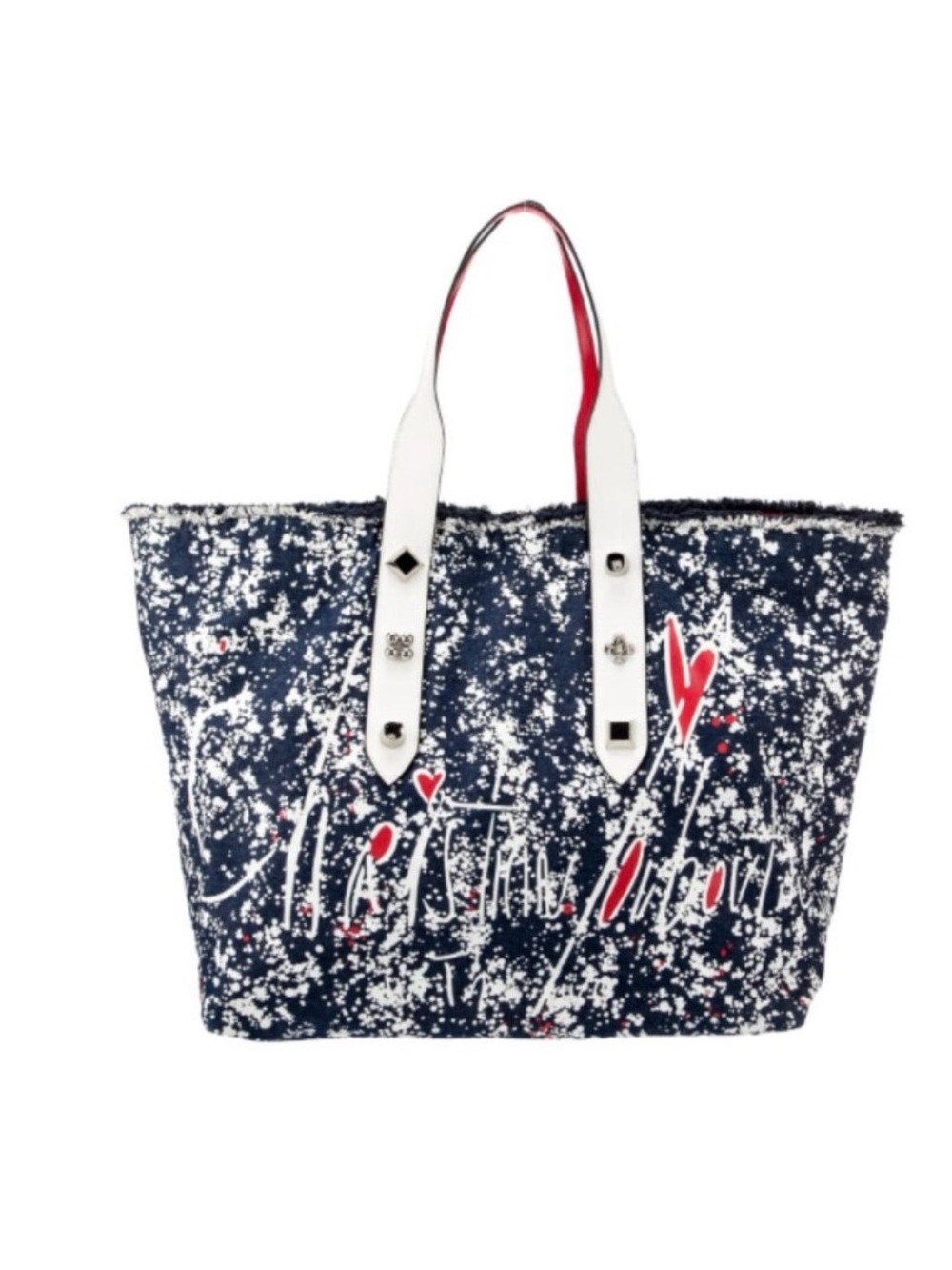 Christian Louboutin Navy graffiti Canvas Tote with White Handles and Red Accents